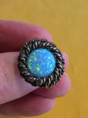 Blue Opal Cabochon Rope-Detail Ring -925 by Michal and Yuval, Israeli Artists